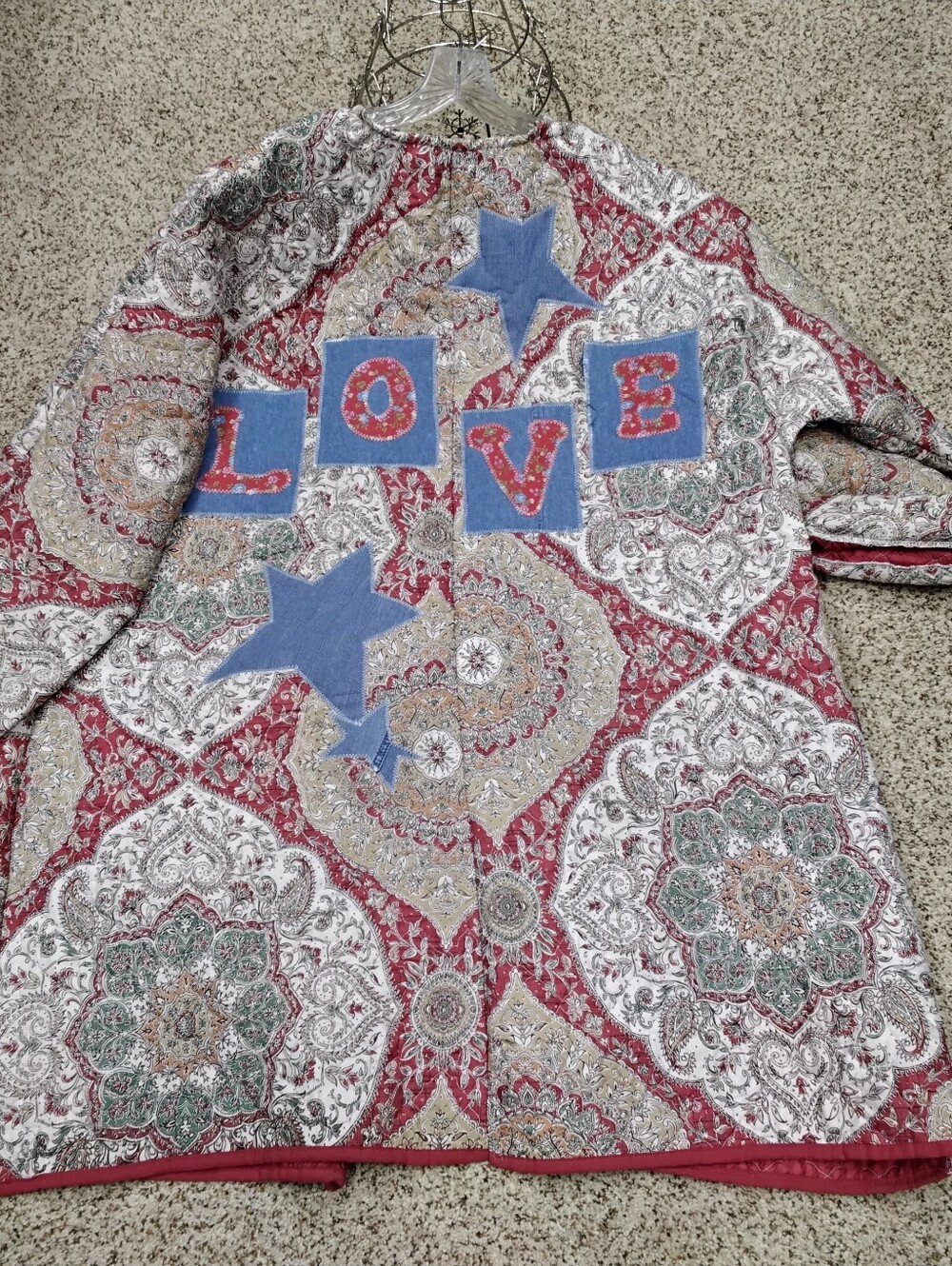 4024 Size XL Quilted Patchwork Oversized 'LOVE' Coat - Red & Blue